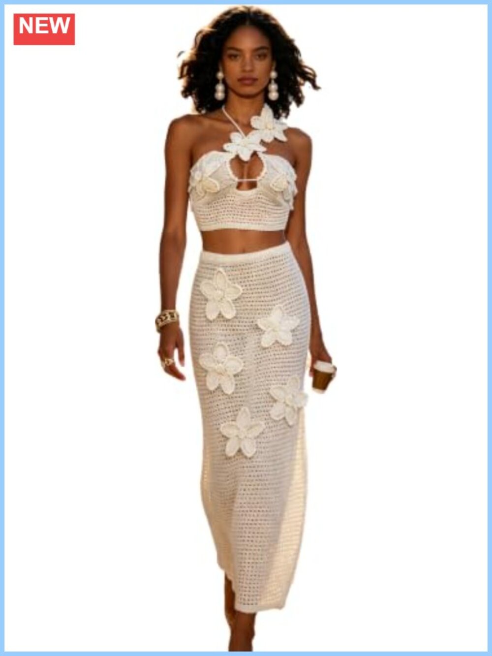 Women's Halter 3D Flower Knitted Hollow Out Beach Maxi Dress Cover Up
